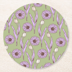 Green Purple Retro Y2K Funky Hippie Flower Pattern Round Paper Coaster