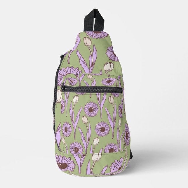 Green Purple Retro Y2K Funky Hippie Flower Pattern Sling Bag (Front)