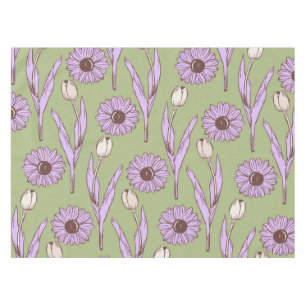 Green Purple Retro Y2K Funky Hippie Flower Pattern Tablecloth