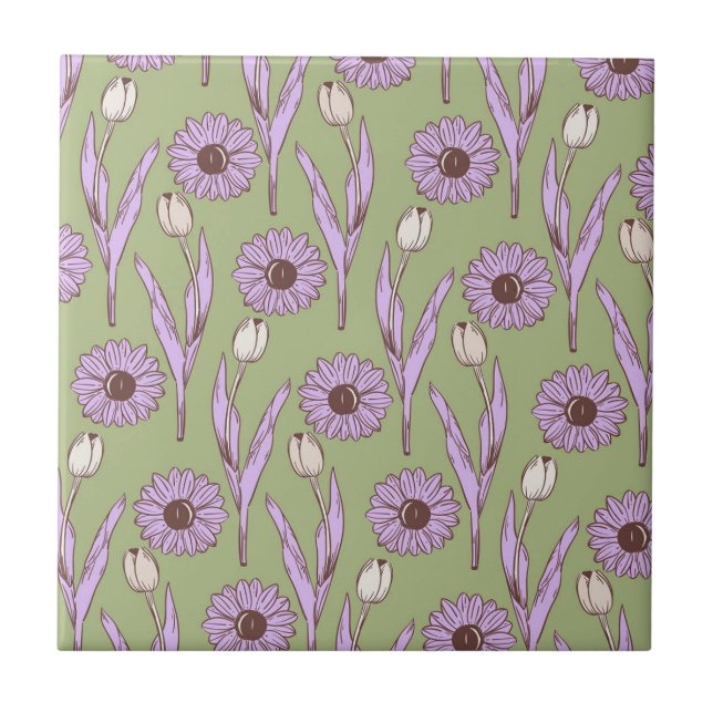 Green Purple Retro Y2K Funky Hippie Flower Pattern Tile (Front)