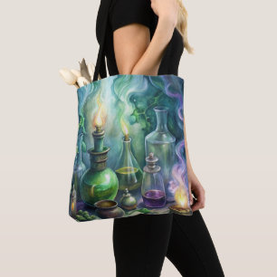GREEN & PURPLE SMOKEY SPOOKY POTION BOTTLES TOTE BAG