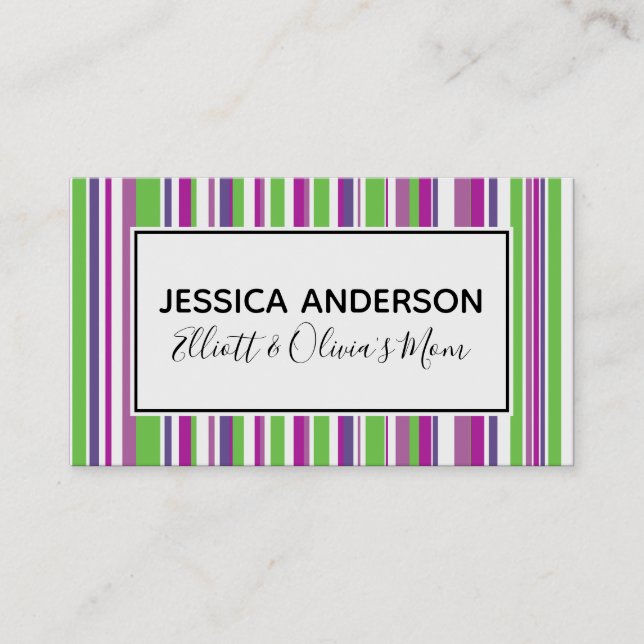Green & Purple Stripes Mummy Playdate Calling Card (Front)