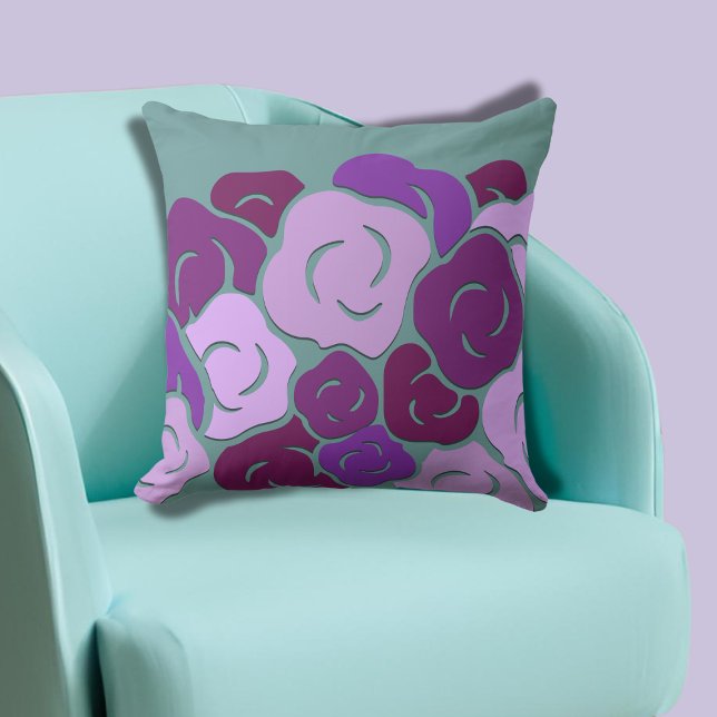 Green Purple Stylised Flower Blooms Cushion (Green Purple Stylized Flower Blooms Throw Pillow)