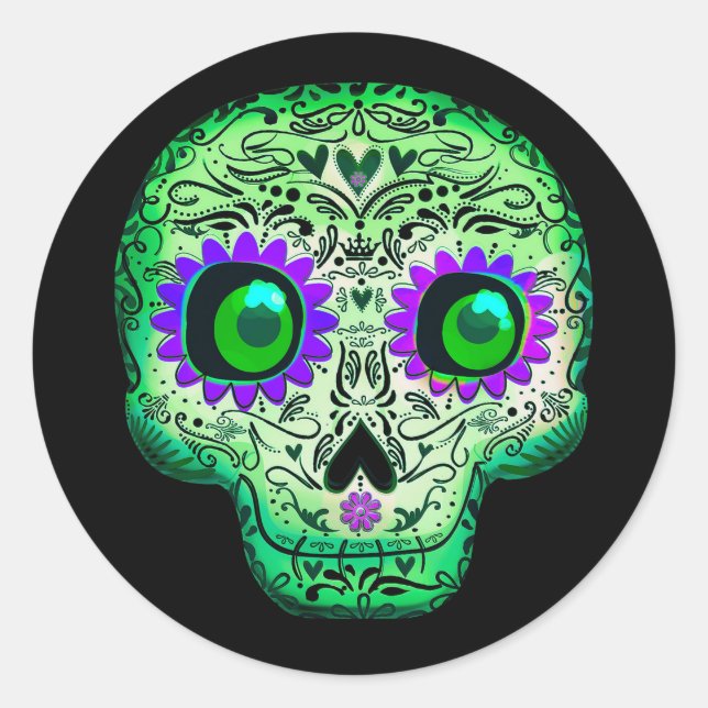 Green & Purple Sugar Skull Black Halloween Party Classic Round Sticker (Front)