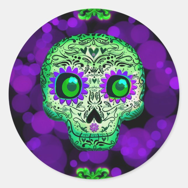 Green & Purple Sugar Skull Glowing Halloween Party Classic Round Sticker (Front)