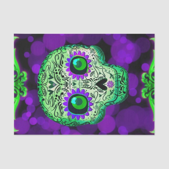 Green & Purple Sugar Skull Glowing Halloween Party Tissue Paper (Front)