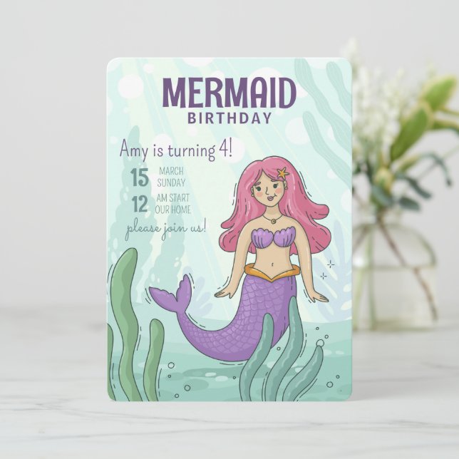 Green Purple Under The Sea Mermaid Birthday Invitation (Standing Front)