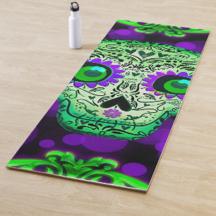 Green & Purple Whimsical  Glowing Sugar Skull Yoga Mat