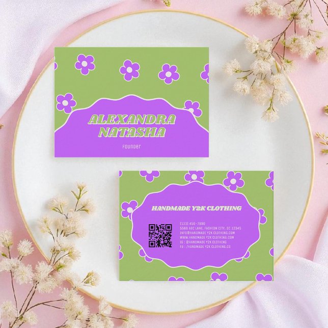 Green Purple Y2K Flower Handmade Clothing Business Card (Creator Uploaded)