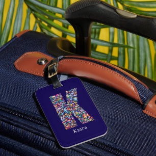 Green purple yellow floral Monogram Initial K blue Luggage Tag