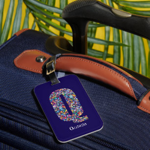 Green purple yellow floral Monogram Initial Q blue Luggage Tag