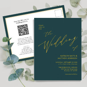 Green QR Code All In One Gold Script Wedding Invitation Postcard