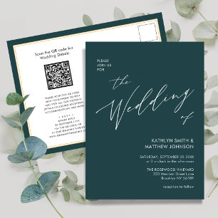 Green QR Code All In One Modern Script Wedding Invitation Postcard