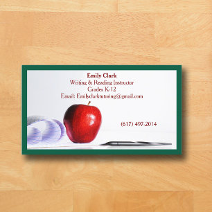 Green QR Code School Teacher Red Apple Business Card