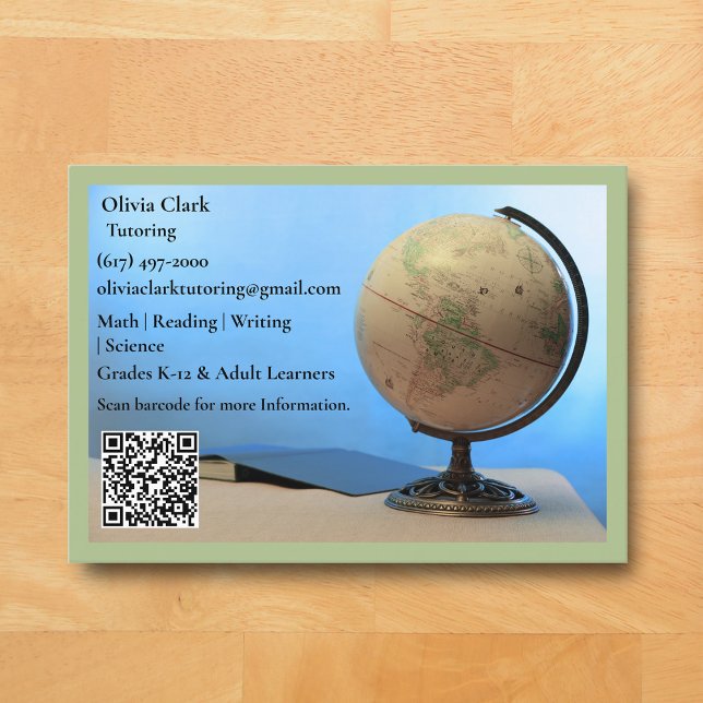 Green QR Code Tutor Teacher Globe Book Classroom Business Card (Light Green Globe Business Card for Teacher )