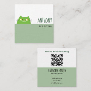 Green QR Pet Sitter Business Card Cute Cat