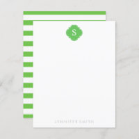 Green Quatrefoil Monogram and Stripes Note Cards