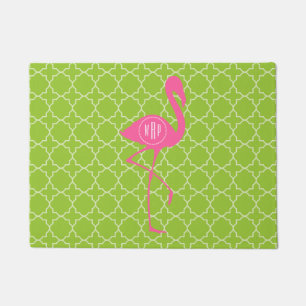 Green Quatrefoil Monogram Pink Flamingo Doormat