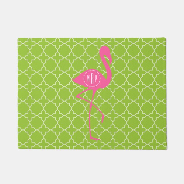Green Quatrefoil Monogram Pink Flamingo Doormat (Front)