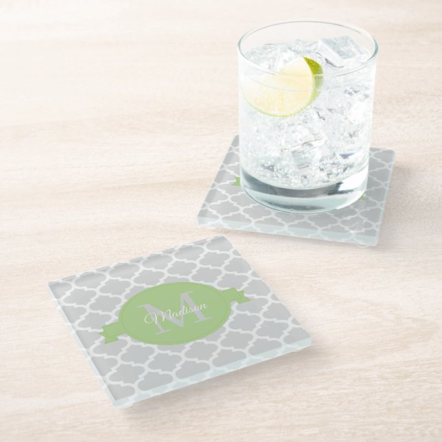Green Quatrefoil Personalised Glass Coaster (Angled)