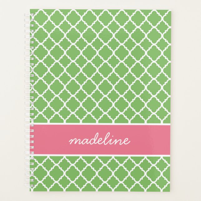Green Quatrefoil | Pink and Green Preppy Planner (Front)