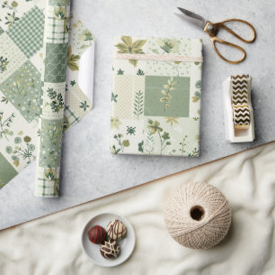 Green Quilt Patchwork Antique Plaid Geometric Wrapping Paper