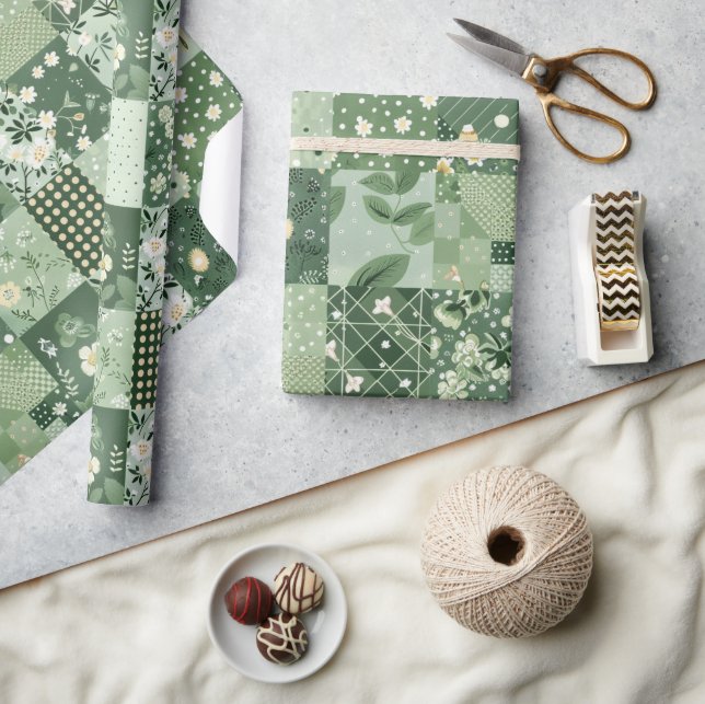 Green Quilt Patchwork Antique Plaid Geometric Wrapping Paper (Crafts)