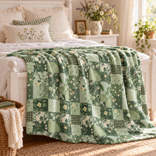 Green Quilt Patchwork Gingham Cottagecore Floral Fleece Blanket