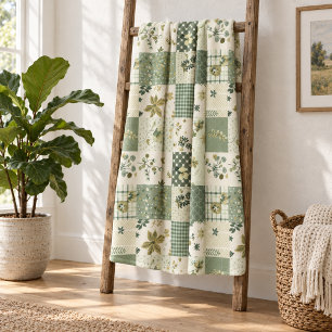 Green Quilt Patchwork Gingham Cottagecore Floral Fleece Blanket