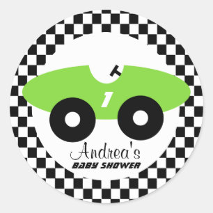 Green Race Car Baby Shower Classic Round Sticker