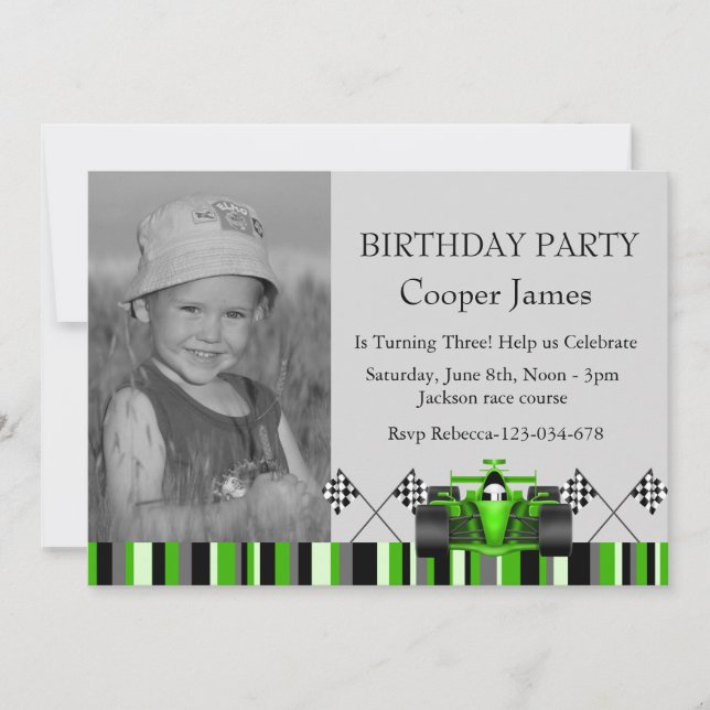 Green Race Car Birthday Invite (Front)