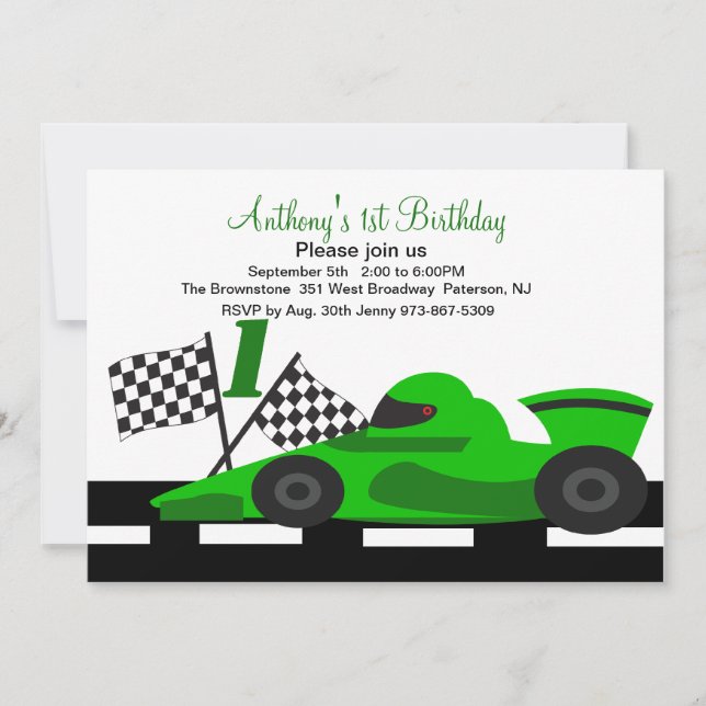 Green Race Car  Boys First Birthday Invitation (Front)