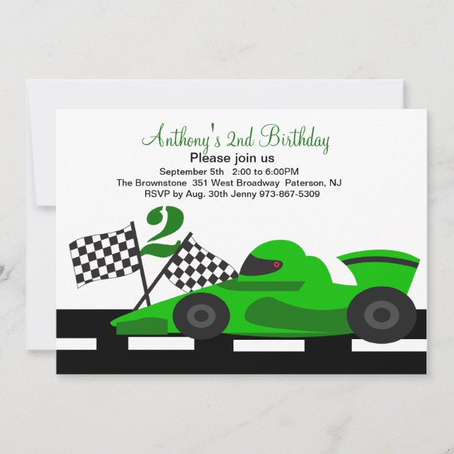 Green Race Car  Boys Second Birthday Invitation (Front)
