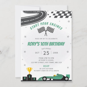 Green Racing Car Birthday Party Invitation