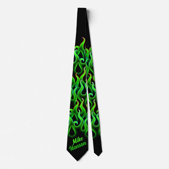 Green Racing Flames Gothic Hot Rod Rockabilly Tie (Front)