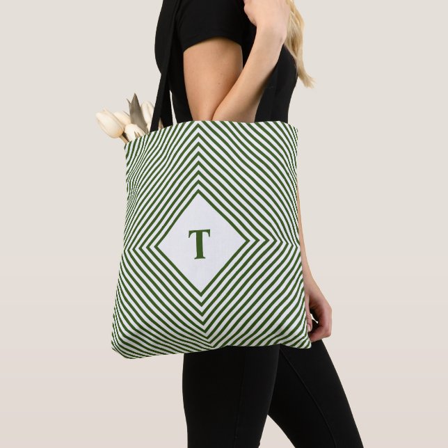 Green Radiating Rhombuses with Central Monogram Tote Bag (Close Up)