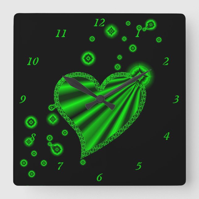 Green Rainbow Heart with Stars on Black Square Wall Clock (Front)