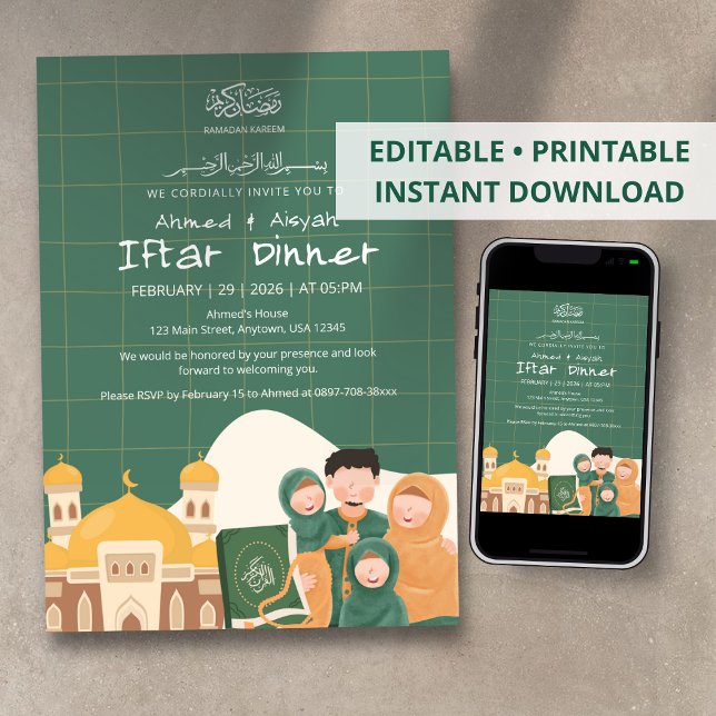 Green Ramadan Iftar Invitation with Mosque, Quran (Creator Uploaded)