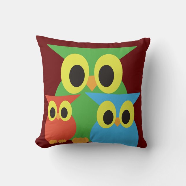 Green, Red and Blue Owls Cushion (Front)