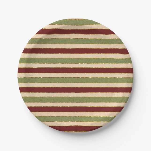Green, Red and old Foil Striped Christmas Pattern Paper Plate (Front)