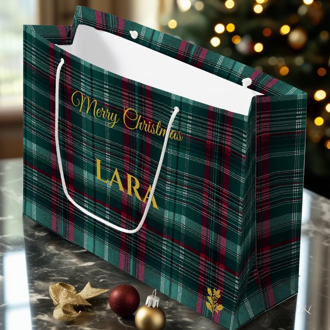 Green, Red, and White Plaid Christmas Custom Large Gift Bag (Creator Uploaded)