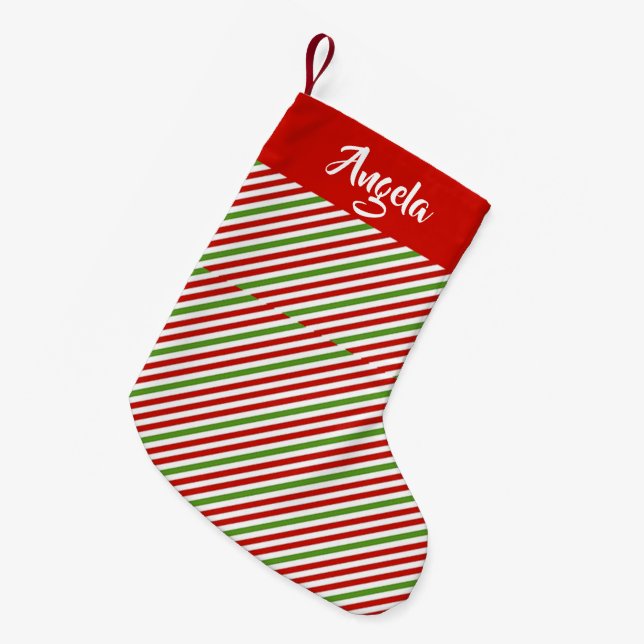 Green, red and white stripes small christmas stocking (Front (Hanging))