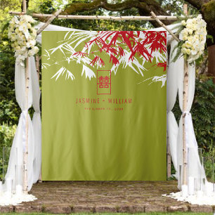 Green & Red Bamboo Leaves Chinese Wedding Backdrop Tapestry