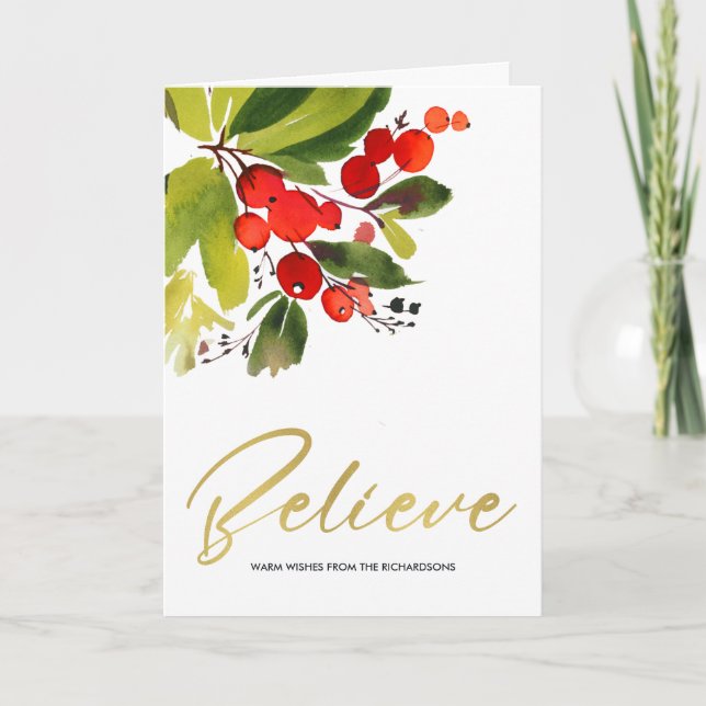 GREEN RED BERRIES WATERCOLOR CHRISTMAS BELIEVE CARD (Front)