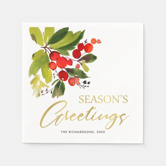 GREEN RED BERRIES WATERCOLOR SEASON GREETINGS NAPKIN (Front)