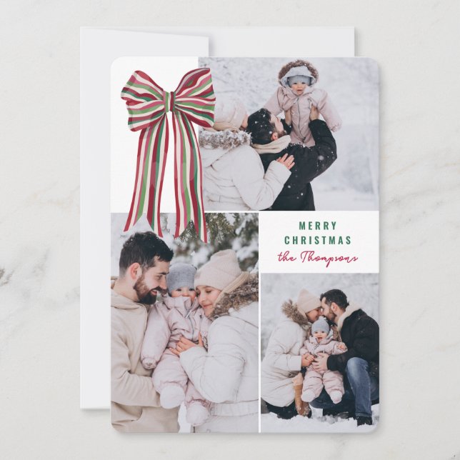 Green Red Big Striped Bow Merry Christmas Photo Holiday Card (Front)