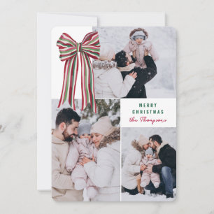 Green Red Big Striped Bow Merry Christmas Photo Holiday Card
