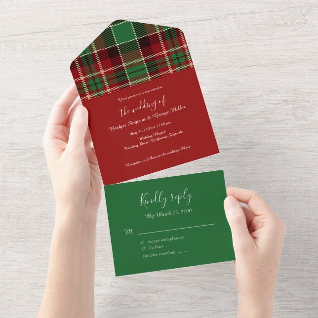 green red black scottish celtic tartan wedding all in one invitation (Tearaway)