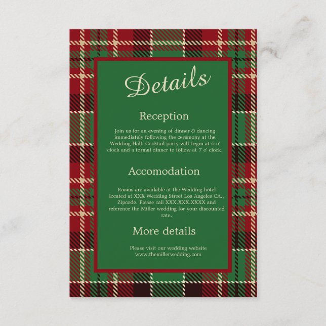 green red black scottish celtic tartan wedding enclosure card (Front)