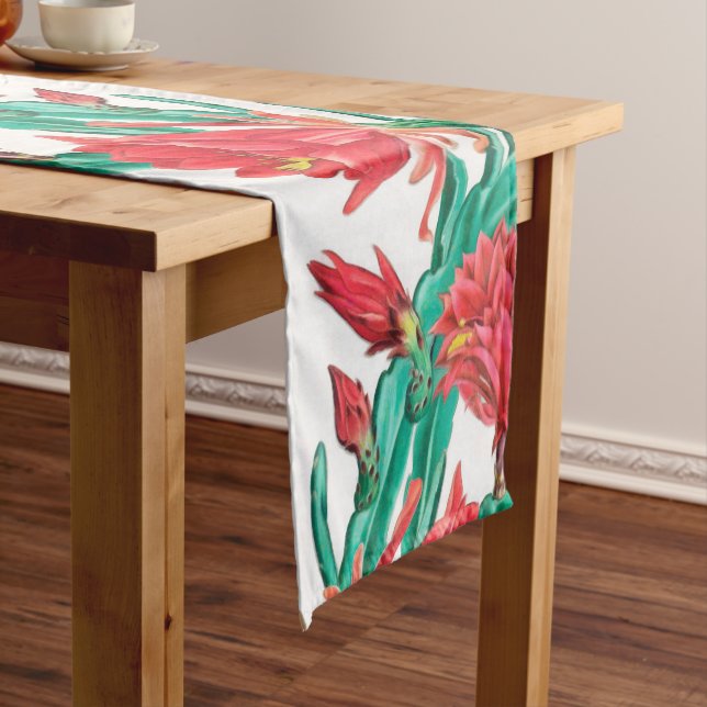 Green Red Blooming Cactus Pattern Short Table Runner (In Situ)